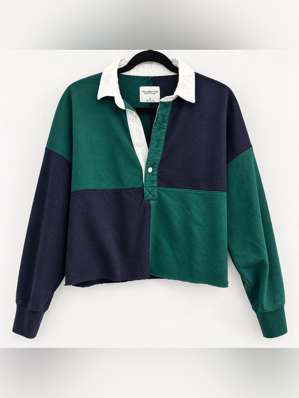 Abercrombie & Fitch Green, Navy & White Colorblock Rugby Crewneck